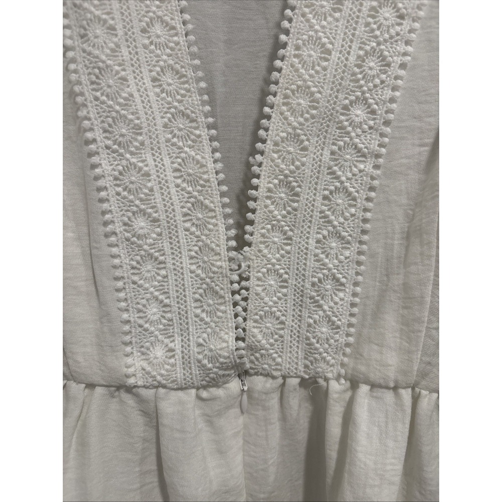 Sabina Musayev White Pom-Pom Crochet Trim Ruffle Tiered Mini Dress V-Neck Size L - Picture 7 of 16
